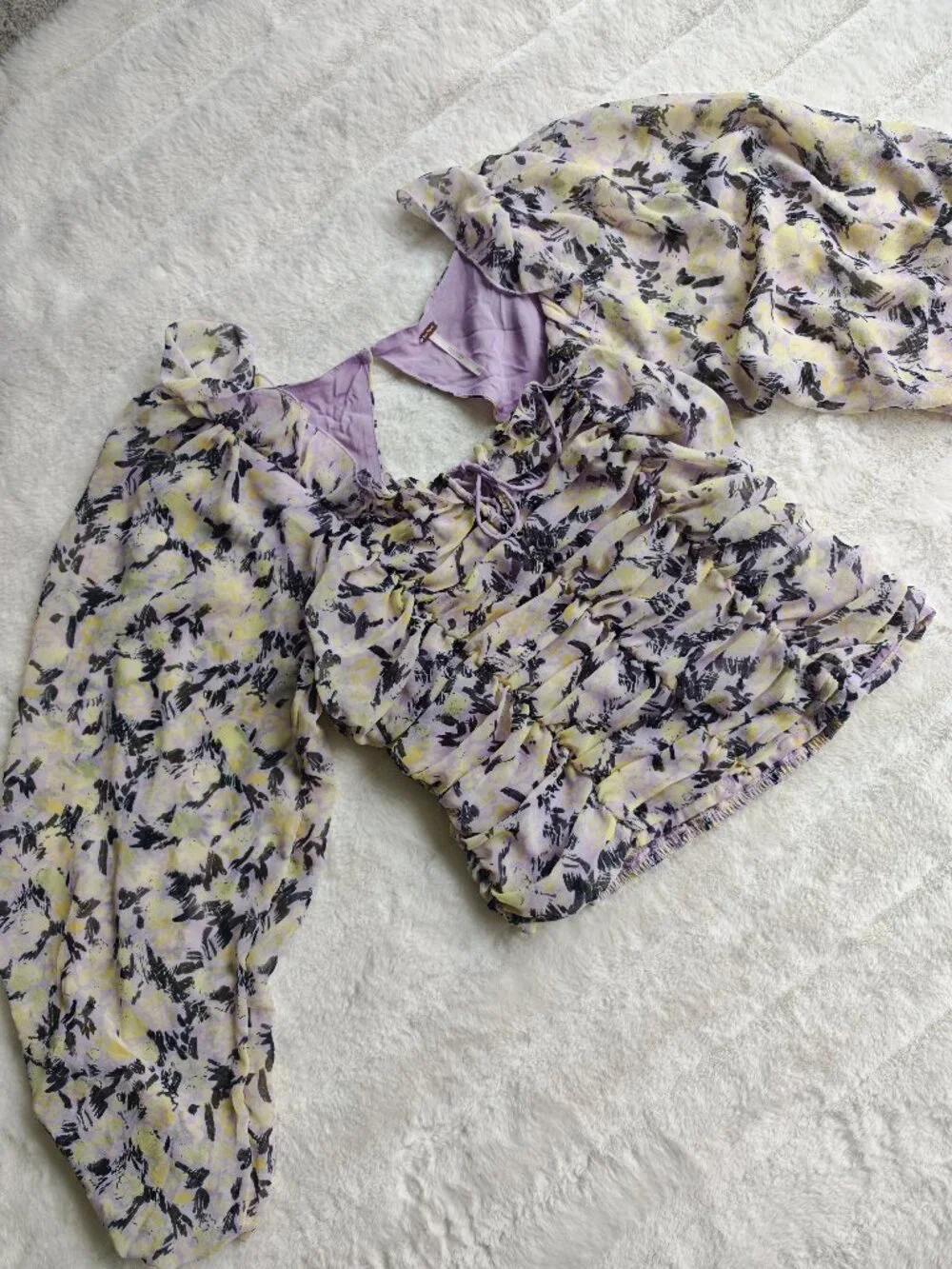 Free People Floral Ruched Blouse Top Puff Sleeve Tie Front Cottagecore Boho M - Picture 6 of 16